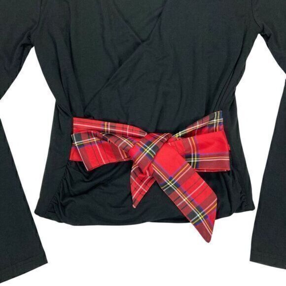 J. Crew Top Womens Size Small Black Long Sleeve Wrap Plaid Tie Holiday Pullover - Picture 4 of 16